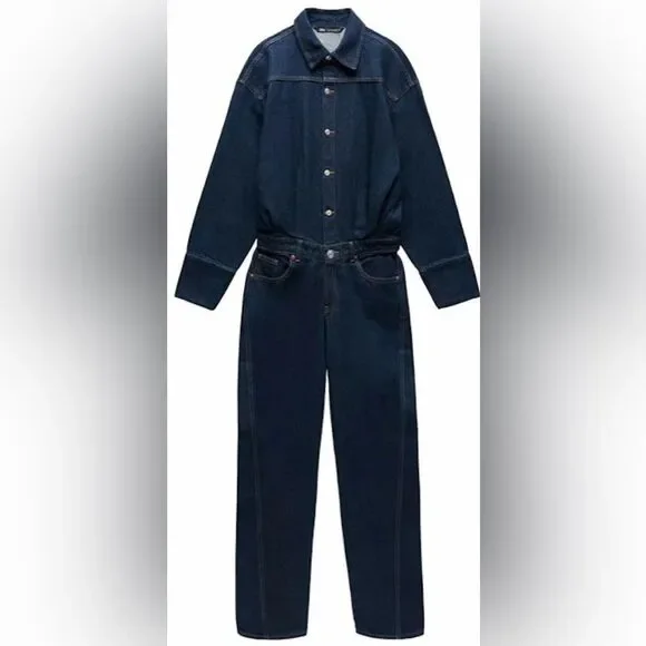 ZARA Dark Indigo Long Denim Jumpsuit - S - Picture 1 of 5